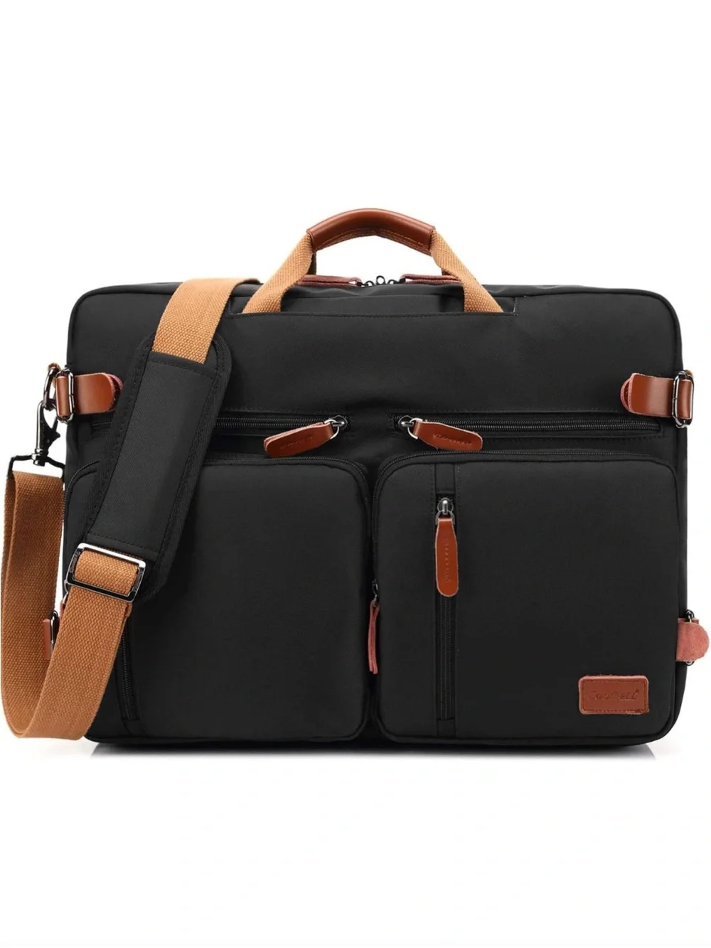 Convertible Black Briefcase Messenger Bag w/ Tan Accents hidden backpack straps